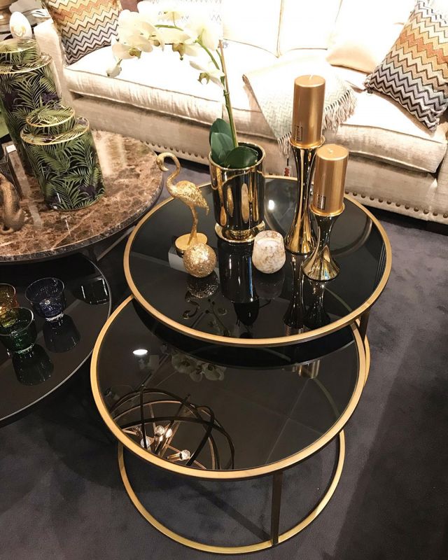 DUARTE smoked glass-gold  coffee table S/2 Ø65x39+Ø75x44 cm 