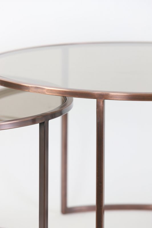 DUARTE  gls brwn+ant copper  Coffee table S/2 Ø65x39+Ø75x44 cm  